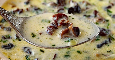 Grybų - bobausių sriuba su grietinėle ir vištienos sultiniu