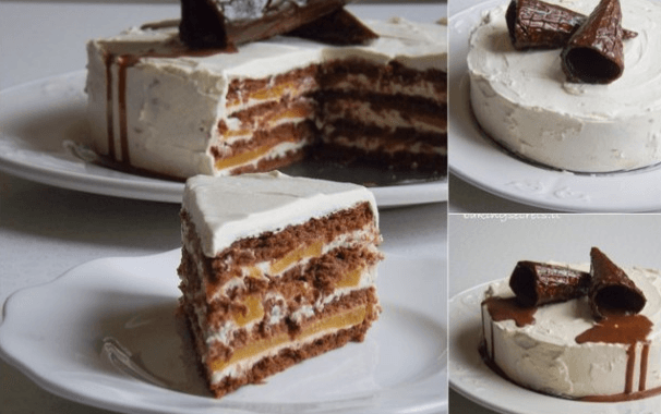 Nekeptas sausainių tortas su gaiviais persikais ir švelniu kremu