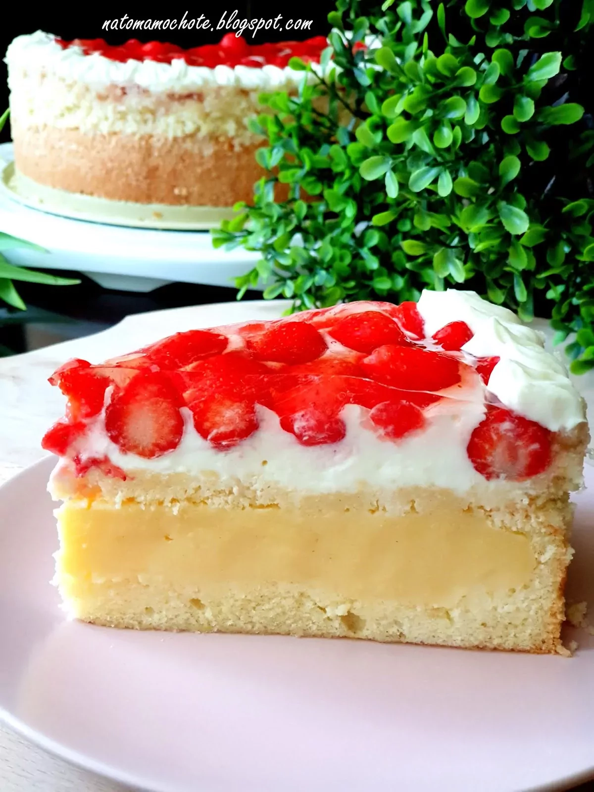 Ciasto - torcik budyniowy z bitą śmietaną i galaretką z truskawkami