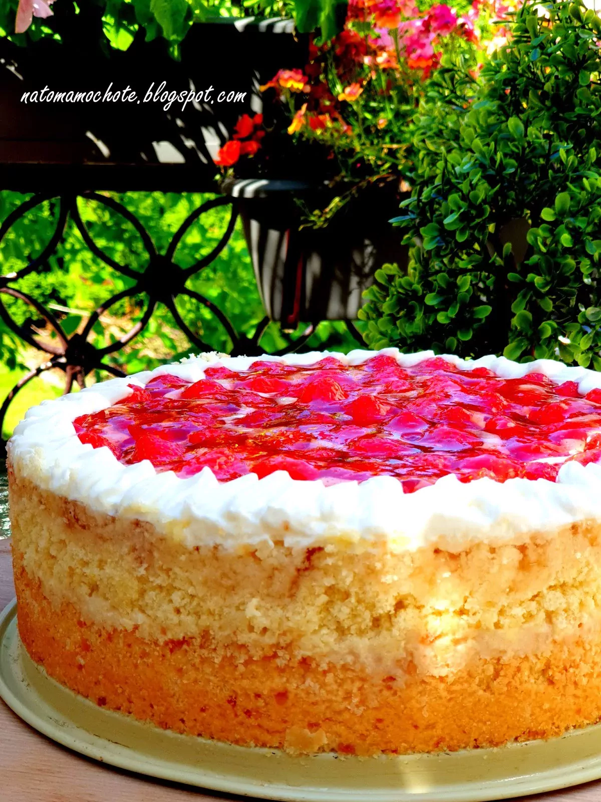 Ciasto - torcik budyniowy z bitą śmietaną i galaretką z truskawkami