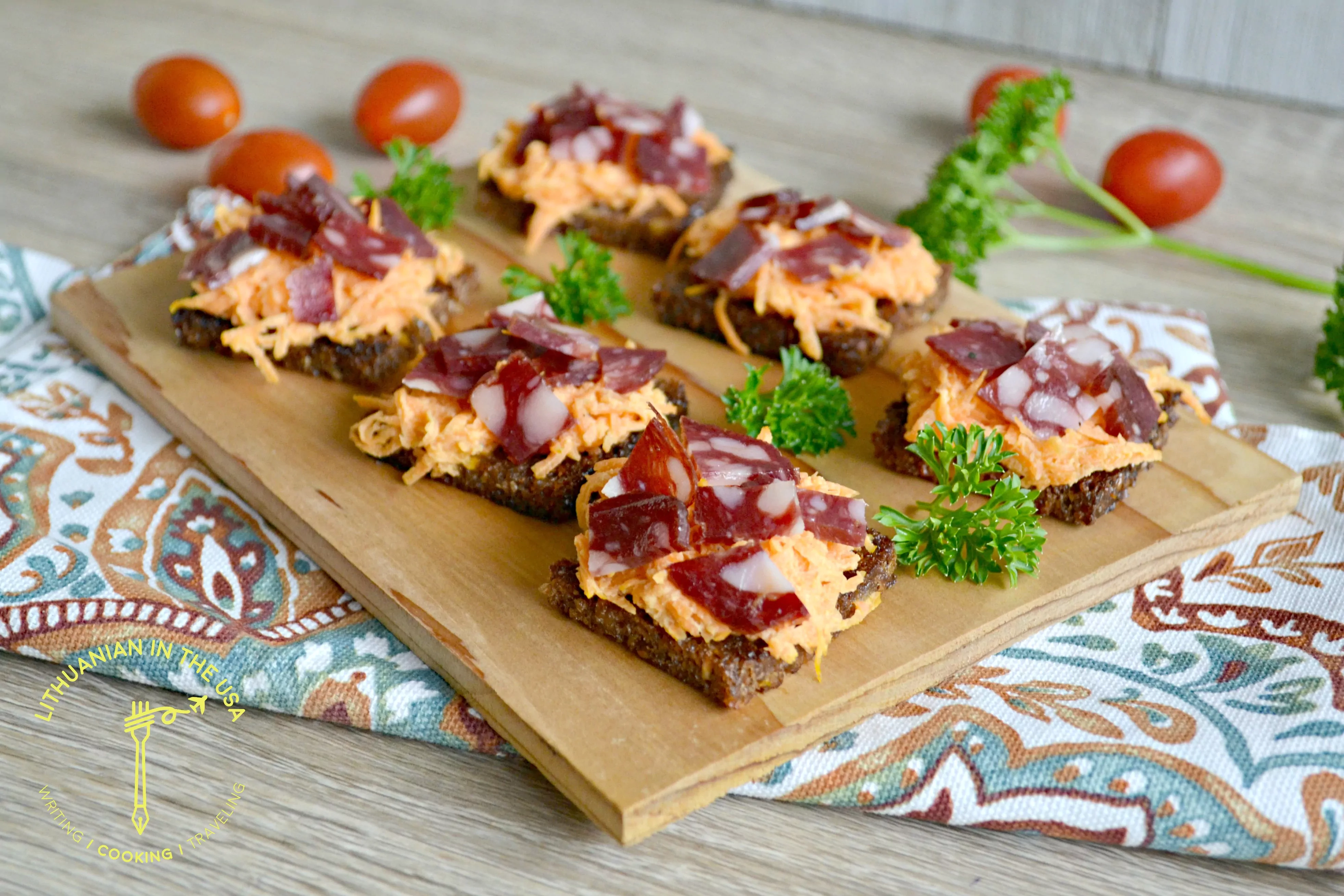 Fried Rye Bread, Carrot Salad and Salami Appetizer