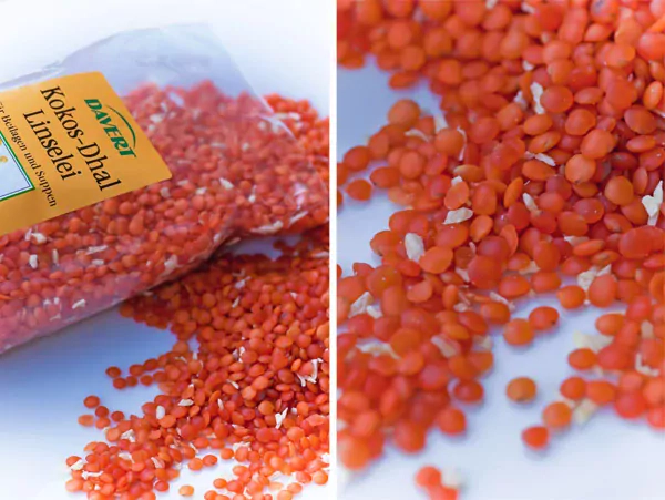 Indisch angehauchte Möhren-Kürbis-Suppe mit Linsen und Kokosmilch