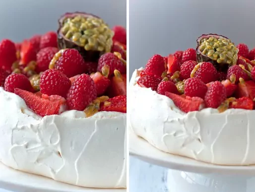 Pavlova mit Erdbeeren, Himbeeren und Maracuja