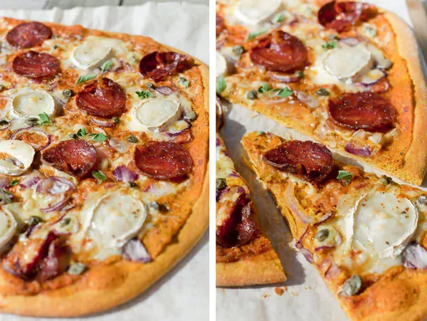 Scharfe Chorizo Pizza mit Kürbissauce und Kürbispizzateig