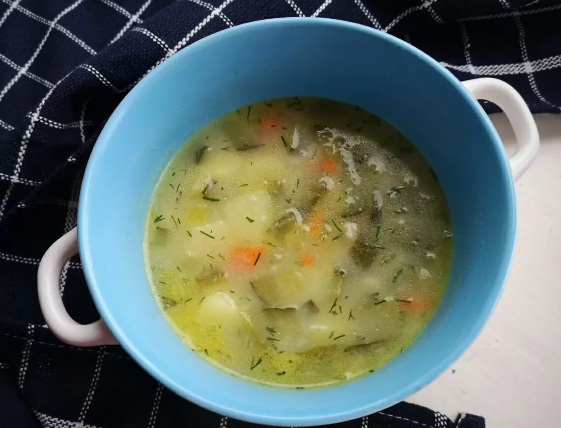 Vegetarian pickled cucumber soup with pearl barley
