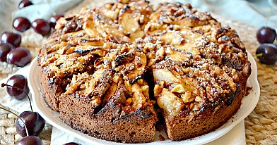 Moist and soft chocolate apple cake with nuts