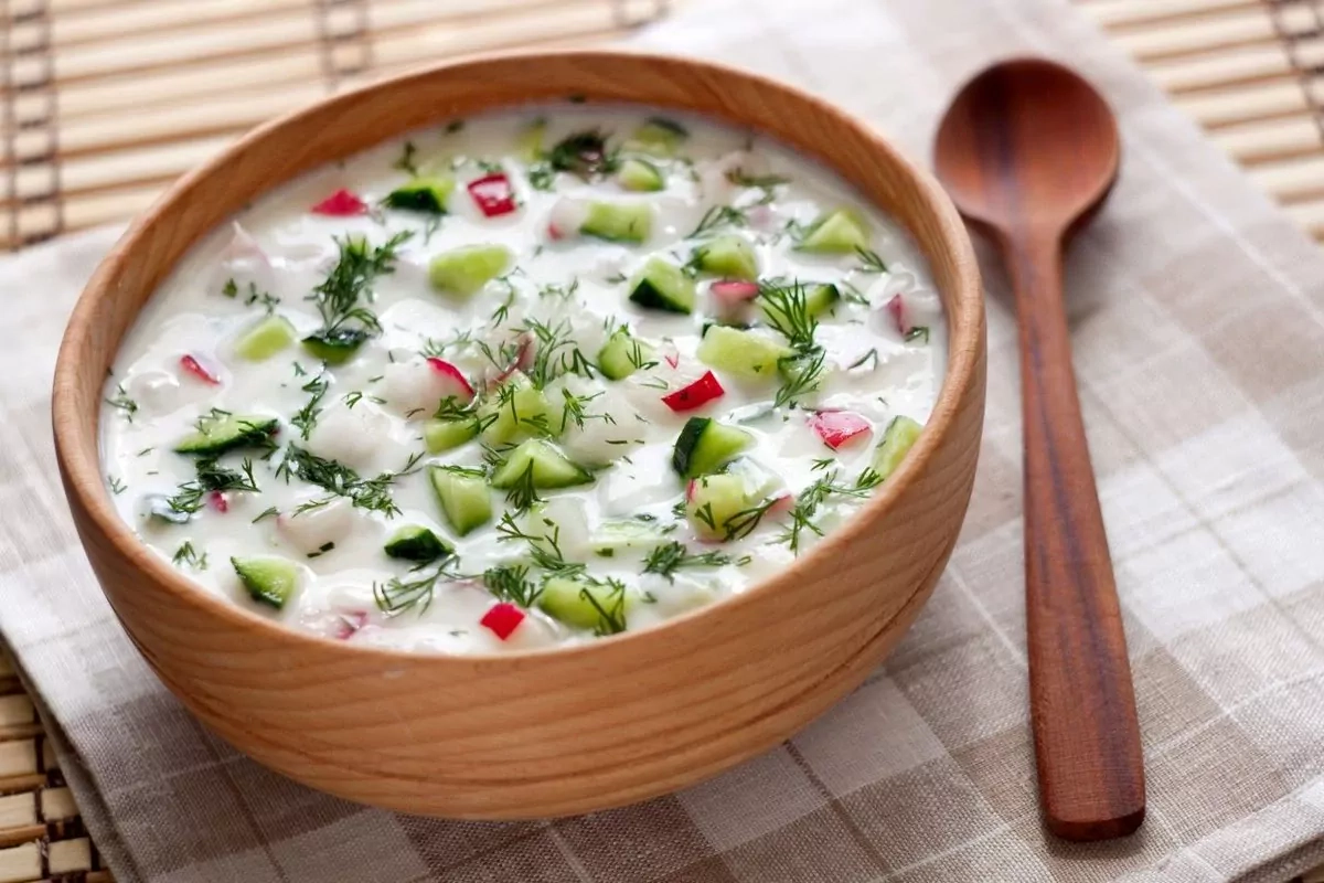 Okroshka - white Russian cold borsch with radish and mustard