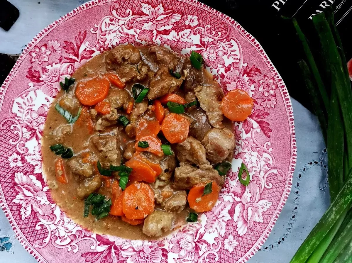 Antienos troškinys su morkomis, svogūnais, vynu ir šokoladu