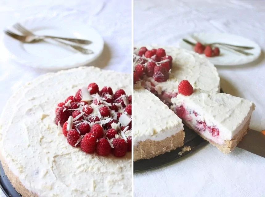 Nekeptas varškės tortas su avietėmis ir baltuoju šokoladu