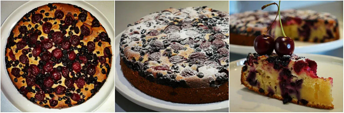 Greitas drėgnas biskvitinis pyragas su vyšniomis ir juodaisiais serbentais