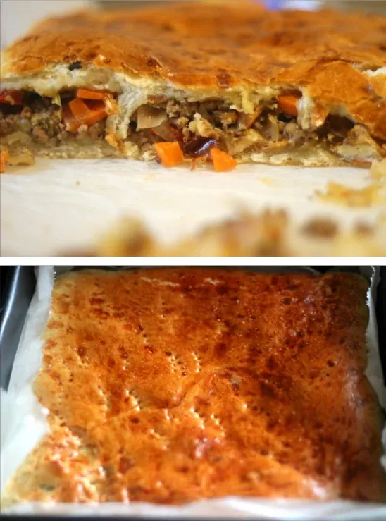 Mielinis maltos mėsos ir kopūstų pyragas, keptas orkaitėje