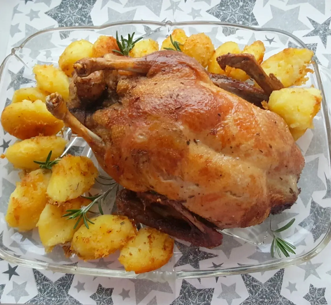 Antis kimšta raugintais kopūstais, kepta orkaitėje