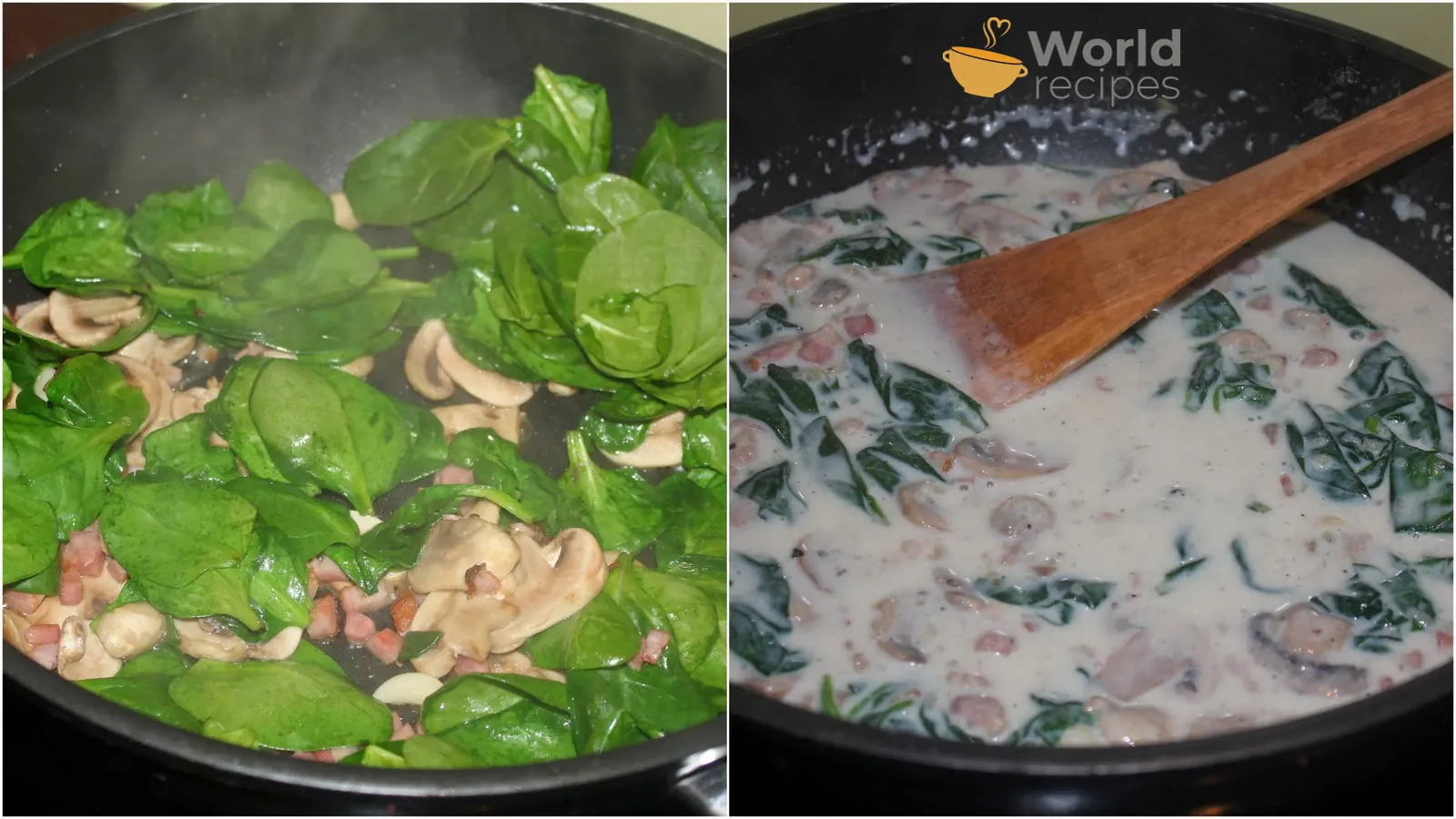 Makaronai su pievagrybių, šoninės ir špinatų padažu, pagal Beatą