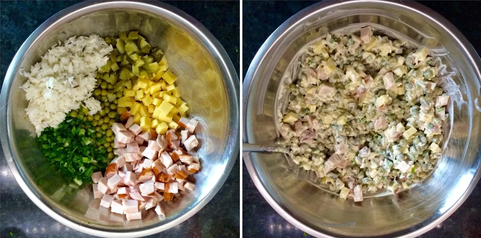 Neglamūriška mišrainė su rūkyta vištiena, marinuotais agurkais, ryžiais ir žirneliais