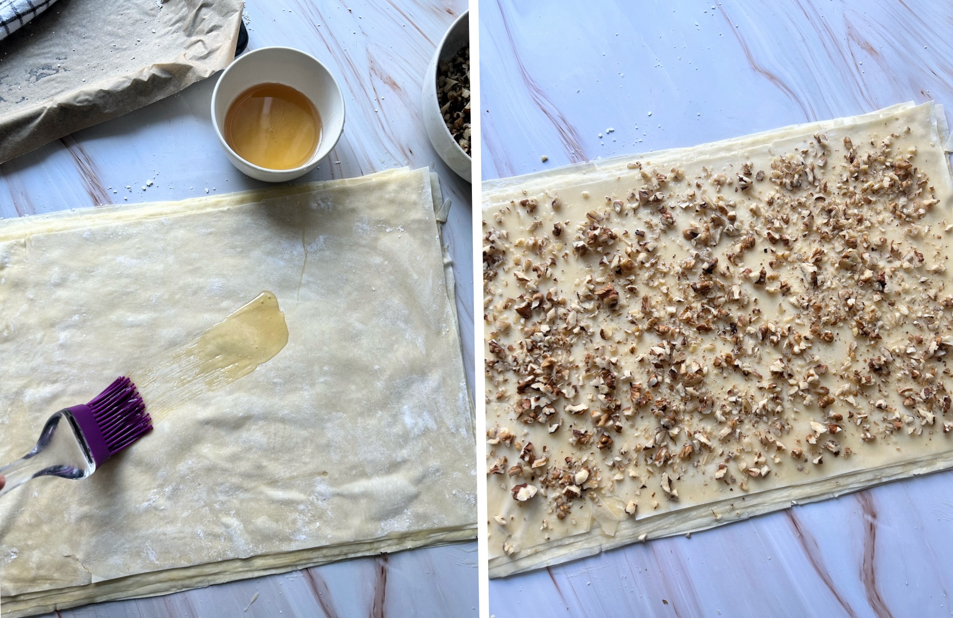 tešlą ištepti medumi ir pabarstyti riešutais