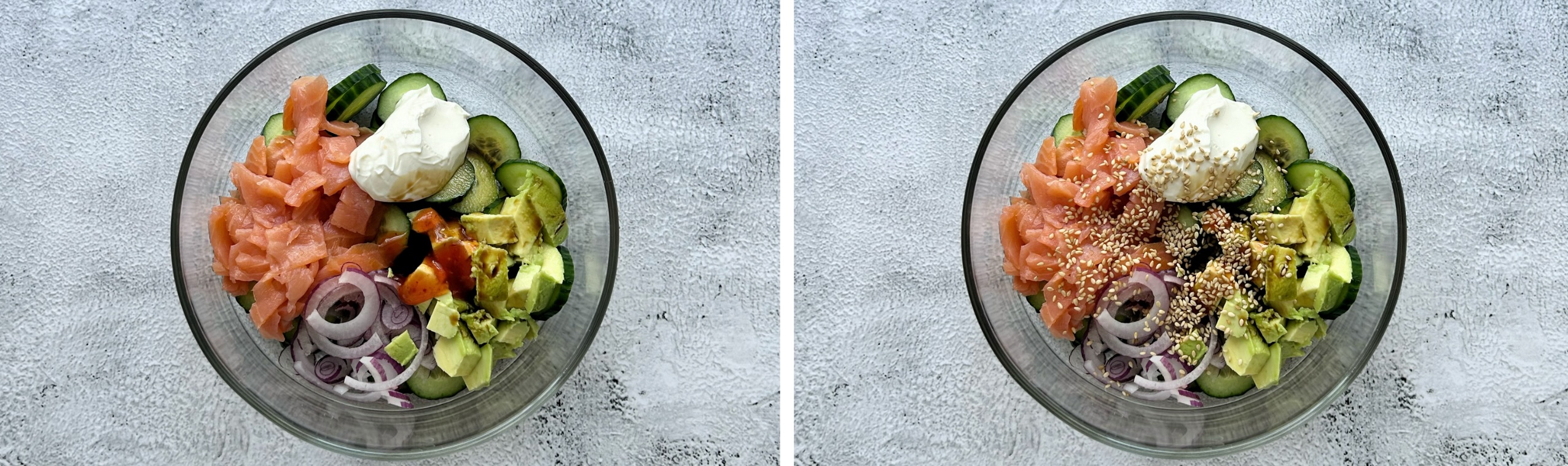 Logano agurkų salotos su rūkyta lašiša ir avokadais