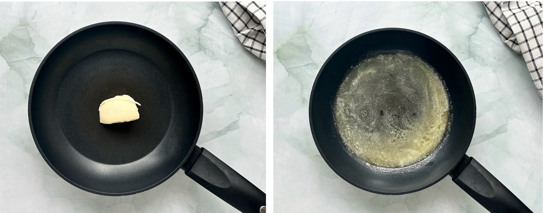 išlydytas sviestas keptuvėje