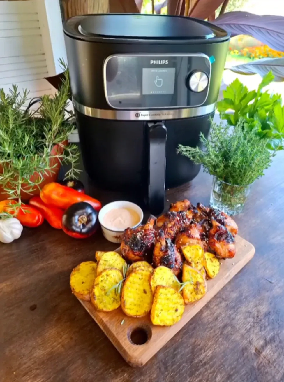 Vistas stilbiņi saldskābā marinādē ar ceptiem kartupeļiem un pikantu mērci (air fryer)