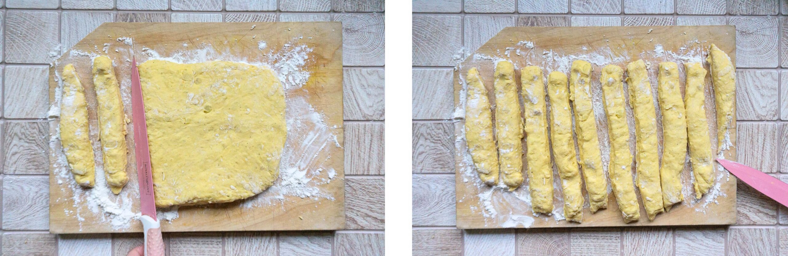 tešlą supjaustyti juostelėmis