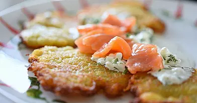 Potato Pancakes with Granular Curd Sauce and Salmon