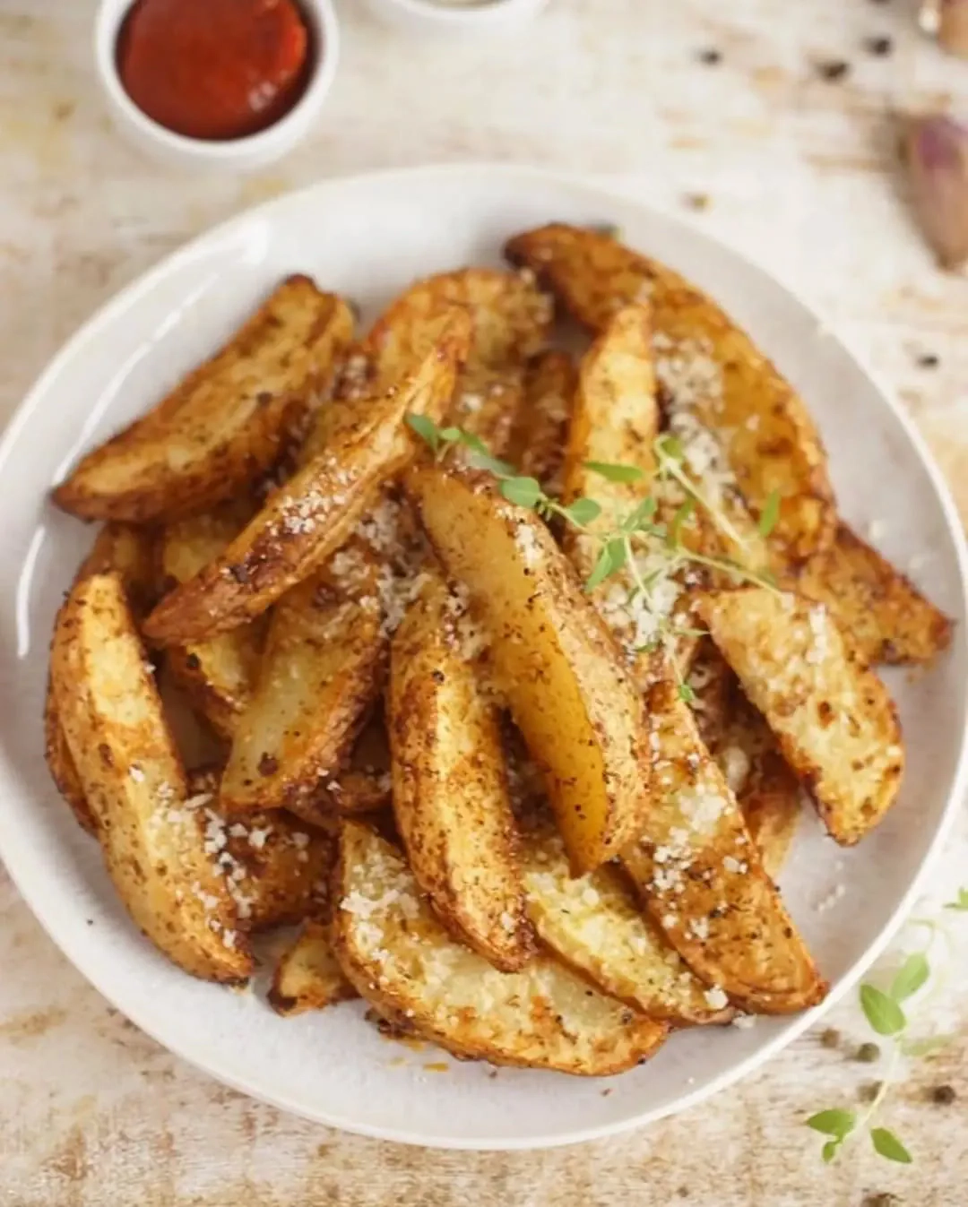 Orkaitėje keptos bulvės skiltelėmis prie šaltibarščių