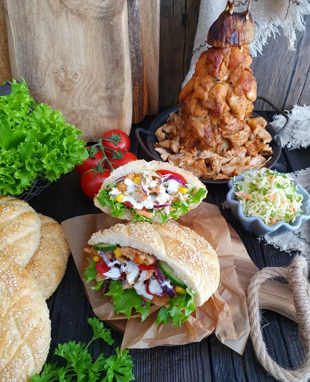 Domowy kebab z kurczaka z piekarnika w chlebkach własnego wyrobu