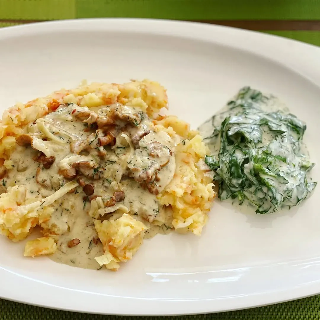 Voveraitės troškintos grietinėlėje su svogūnais, patiektos su romaninėmis salotomis