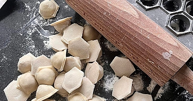 Traditional Lithuanian dumplings (koldūnai) with pork
