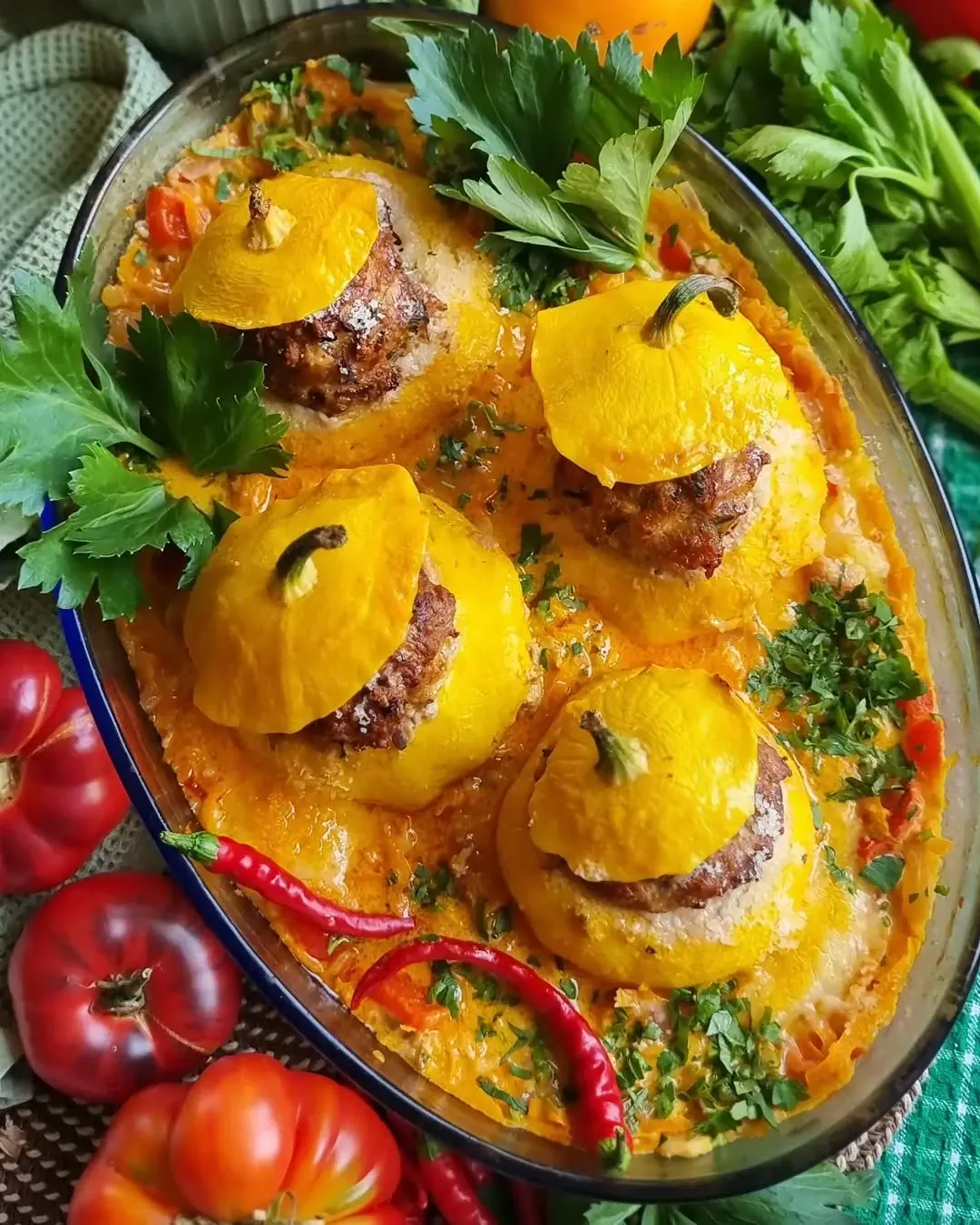 Pildīti patisoni dārzeņu mērcē