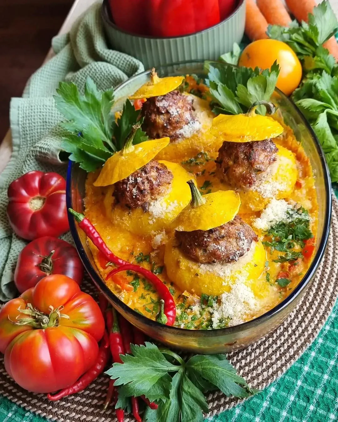 Pildīti patisoni dārzeņu mērcē