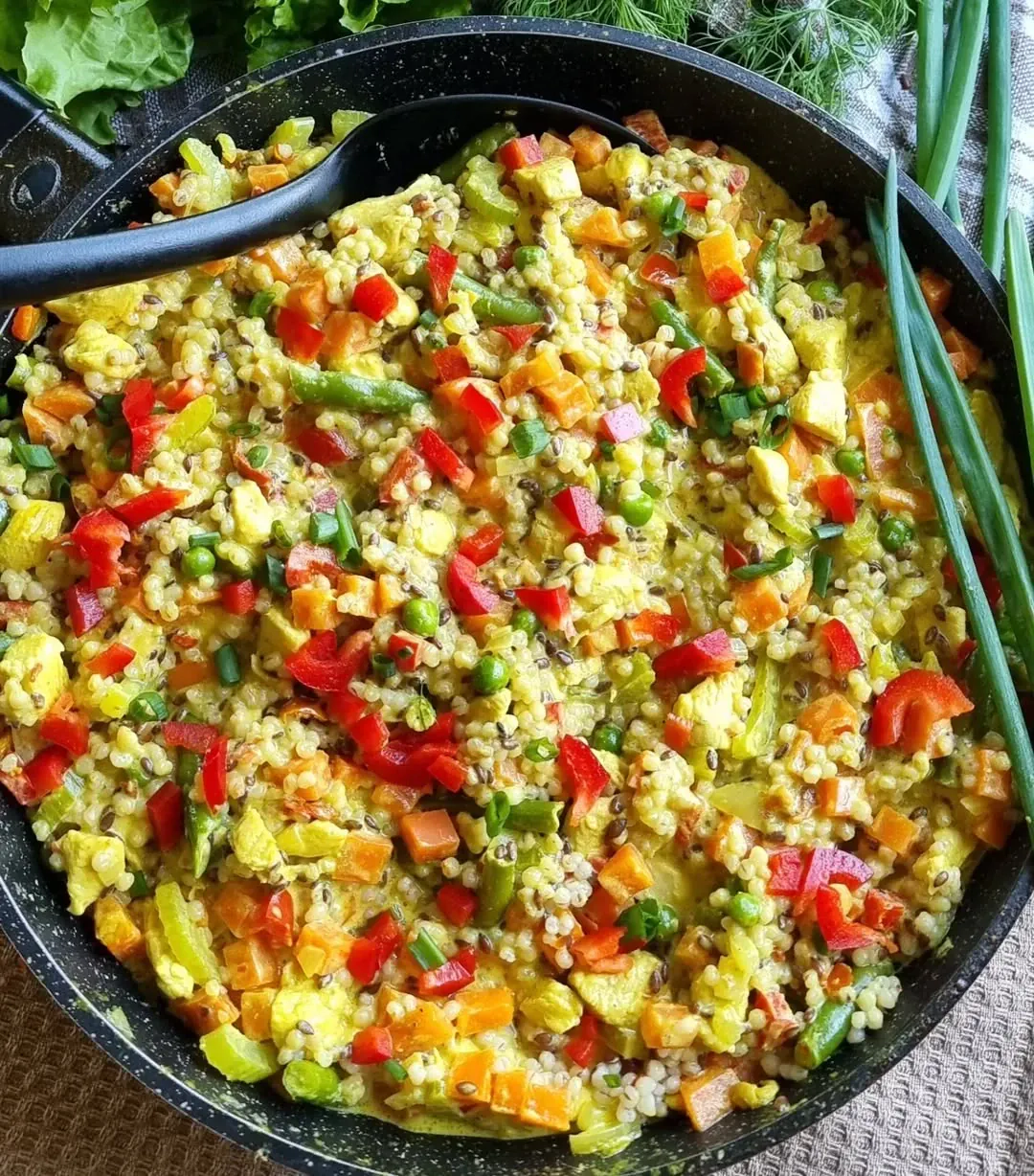 Dārzeņu karijs ar vistu un pērļu grūbām sulīgā krējuma mērcē