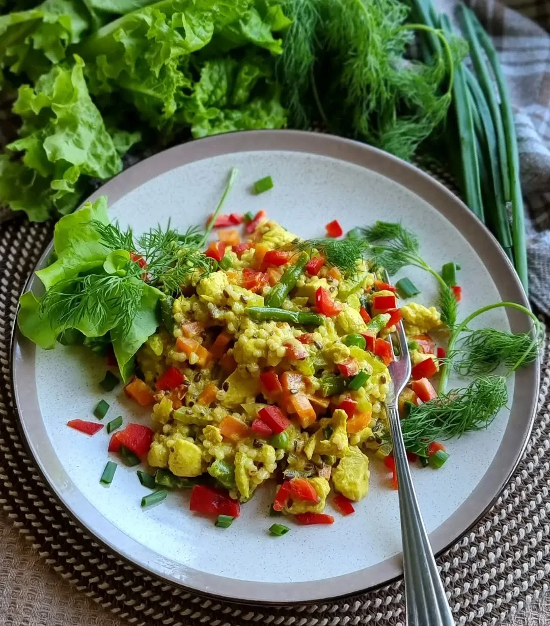 Dārzeņu karijs ar vistu un pērļu grūbām sulīgā krējuma mērcē