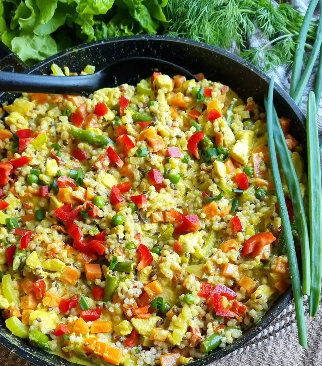 Dārzeņu karijs ar vistu un pērļu grūbām sulīgā krējuma mērcē