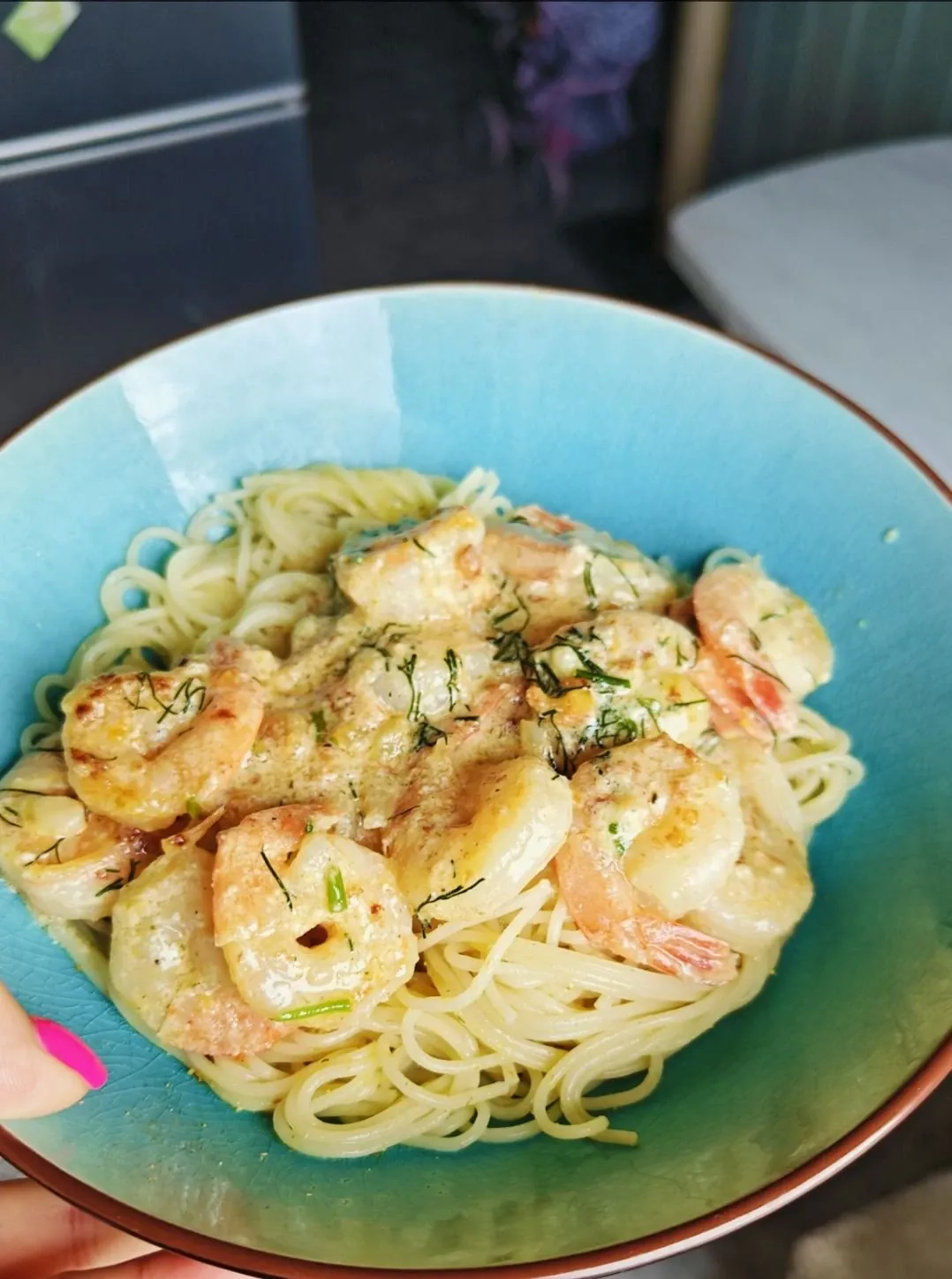 Keptos krevetės grietinėlės - česnako padaže, su spaghetti makaronais 😋