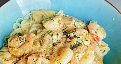 Keptos krevetės grietinėlės - česnako padaže, su spaghetti makaronais 😋