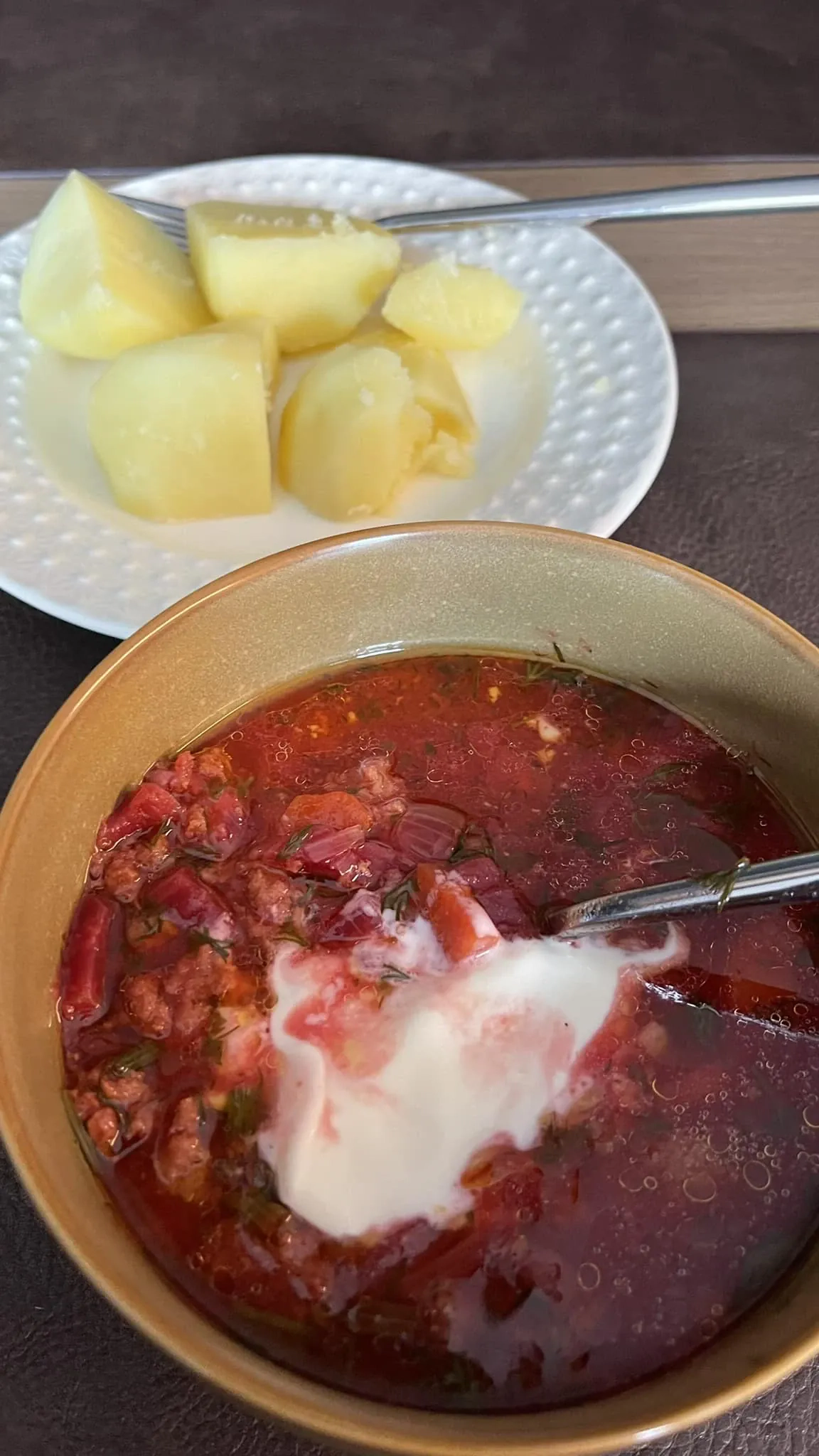 Burokėlių sriuba su bulvėmis, morkomis, pomidorais ir svogūnais