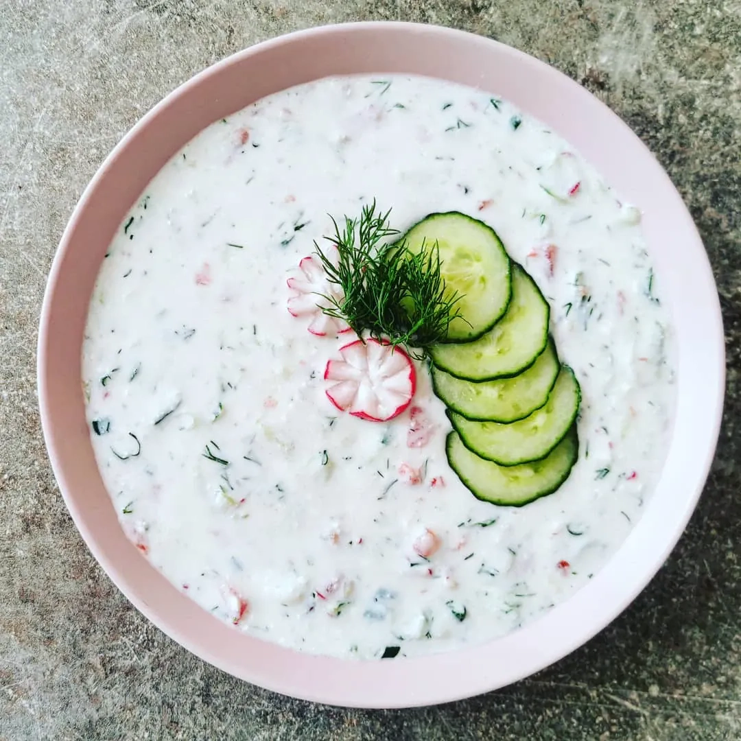 Okroshka - white Russian cold borsch with radish and mustard