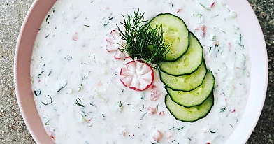 Okroshka - white Russian cold borsch with radish and mustard