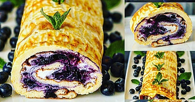 Grūdėtos varškės vyniotinis su rikota ir uogomis