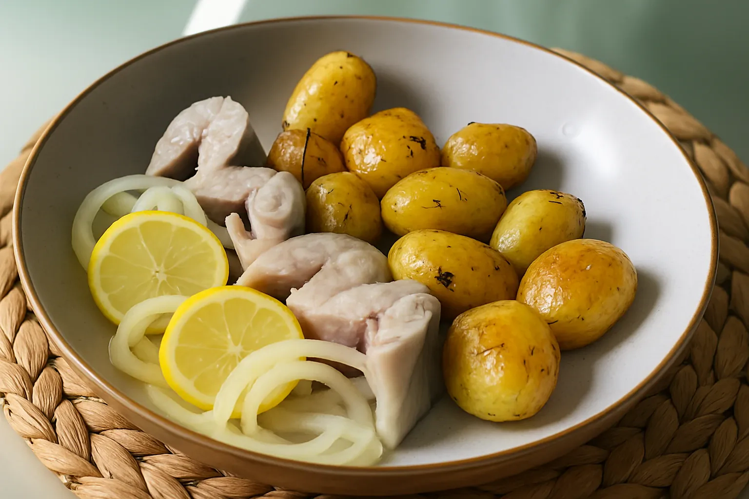 Švelniai marinuota skumbrė su citrinomis ir orkaitėje keptomis bulvytėmis