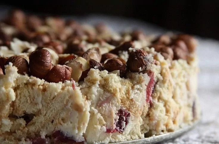 Varškinis tinginio tortas su džiovintomis spanguolėmis ir lazdyno riešutais