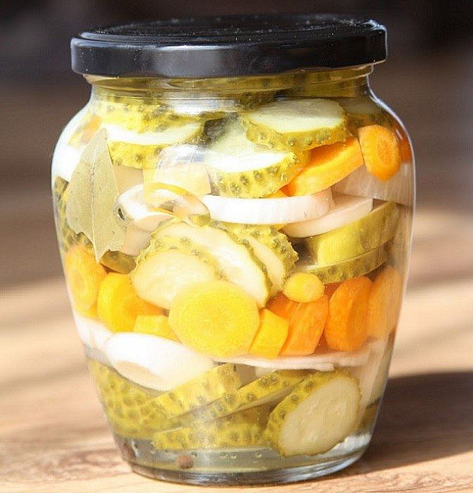 Marinated cucumbers, carrots, and onions