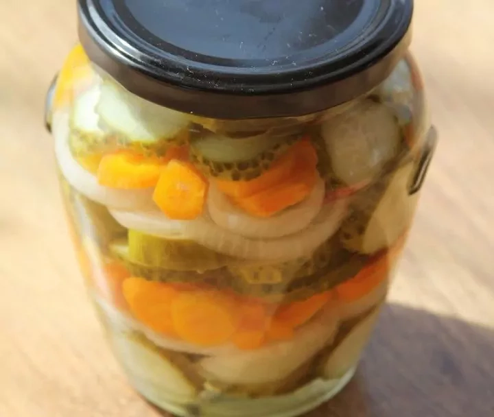 Marinated cucumbers, carrots, and onions